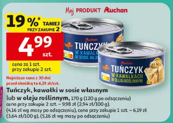 Tuńczyk kawałki w sosie własnym lub oleju roślinnym promocja w Auchan