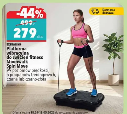 Platforma wibracyjna do ćwiczeń fitness Moonwalk Spin Move 99 poziomów prędkości, 5 programów treningowych, czarna lub czarno-złota promocja w Biedronka