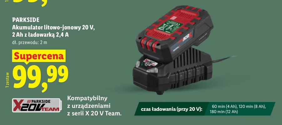 Akumulator litowo-jonowy 20V, 2Ah z ładowarką 2,4A promocja w Lidl