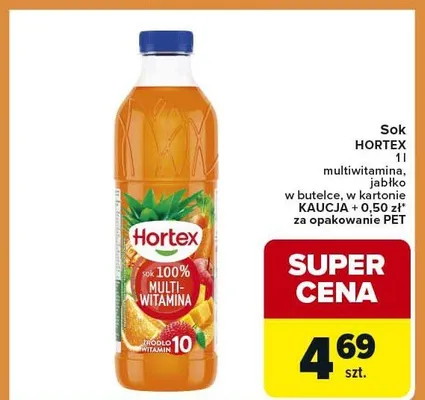 Sok multiwitamina, jabłko w butelce, w kartonie KAUCJA + 0,50 zł za opakowanie PET promocja w Carrefour Express