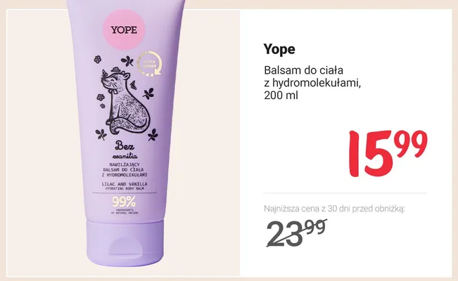 Balsam do ciała z hydromolekułami Yope Bez i wanilia promocja w Rossmann
