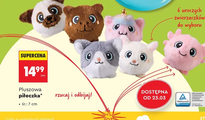 Pluszowa piłeczka w kształcie zwierzaka, 7 cm, różne rodzaje promocja w Biedronka