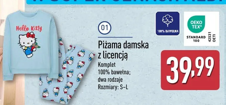 Piżama damska Hello Kitty z licencją, komplet 100% bawełna, dwa rodzaje, rozmiary S-L promocja w Aldi