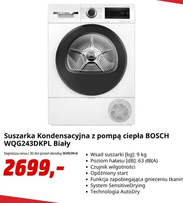 Suszarka kondensacyjna z pompą ciepła Bosch WQG243DKPL biały promocja w Media Markt