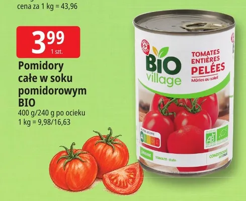 Pomidory całe w soku pomidorowym Bio Village promocja w Leclerc