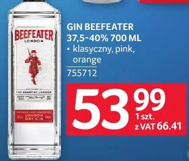 Gin Beefeater 37.5° 40% 700 ml promocja w Selgros