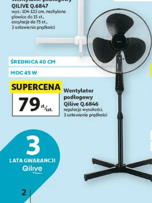 Wentylator podłogowy Qilive Q.6846 średnica 40cm moc 45W regulacja wysokości 3 ustawienia prędkości promocja w Auchan