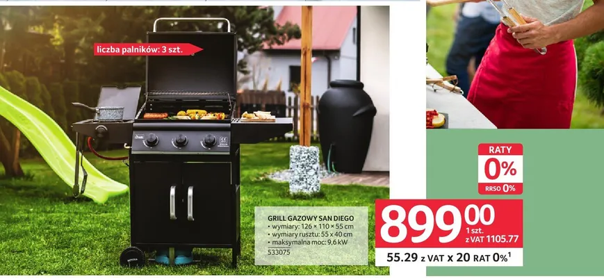 Grill gazowy San Diego 126x110x55cm, wymiary rusztu: 55x40cm, moc: 9,6kW, 3 palniki, 533075 promocja w Selgros