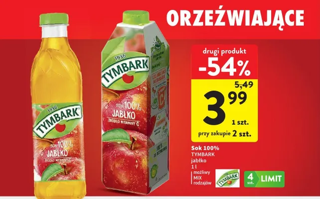 Sok 100% jabłko Tymbark promocja w Intermarche