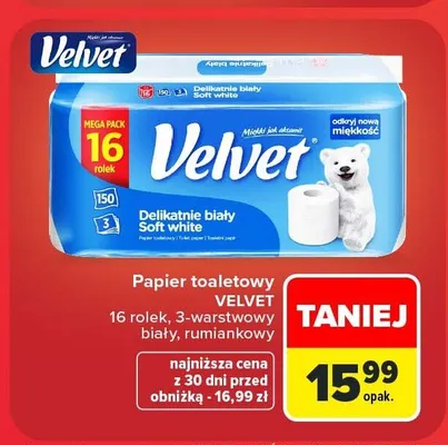 Papier toaletowy Velvet Delikatnie biały Soft white 16-pak promocja w Carrefour