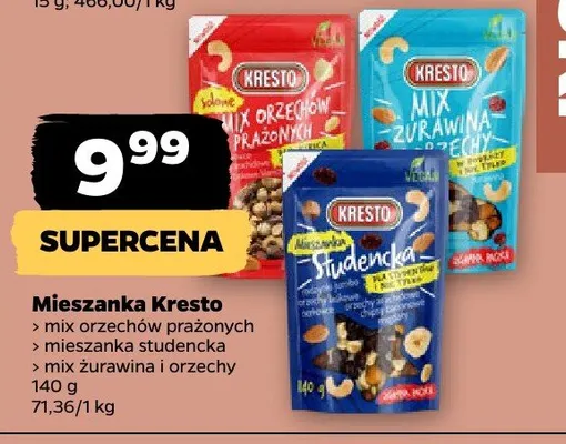 Mieszanka Kresto (mix orzechów prażonych, mieszanka studencka, mix żurawina i orzechy) promocja w Netto