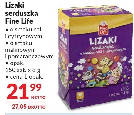 Lizaki serduszka Fine Life o smaku coli i cytrynowym, o smaku malinowym i pomarańczowym promocja w Makro