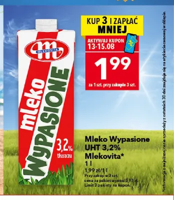 Mleko UHT Wypasione Mlekovita 3,2% promocja w LEWIATAN