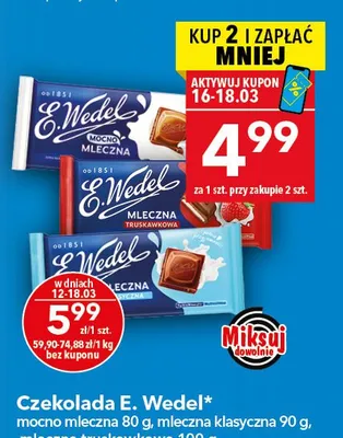 Czekolada mocno mleczna 80g, mleczna klasyczna 90g, mleczna truskawkowa 100g promocja w LEWIATAN