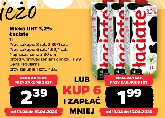 Mleko UHT 3,2% łaciate promocja w Netto