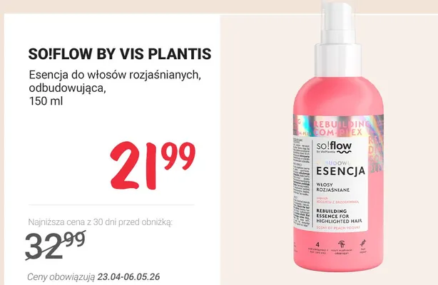 Esencja do włosów rozjaśnianych odbudowująca So!flow by Vis Plantis promocja w Rossmann