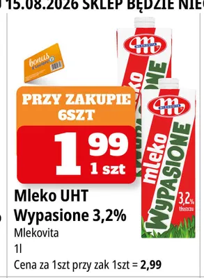 Mleko UHT Mlekovita Wypasione 3,2% promocja w Leclerc