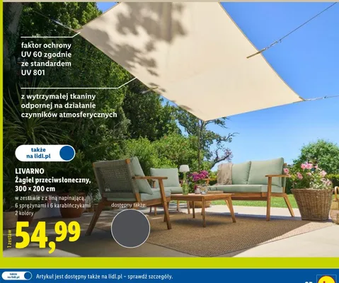 Żagiel przeciwsłoneczny Livarno 300x200cm w zestawie z liną napinającą 6 sprężynami i 6 karabińczykami 2 kolory promocja w Lidl
