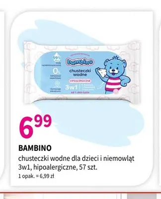 Chusteczki wodne dla dzieci i niemowląt 3w1 hipoalergiczne Bambino promocja w Drogerie Polskie