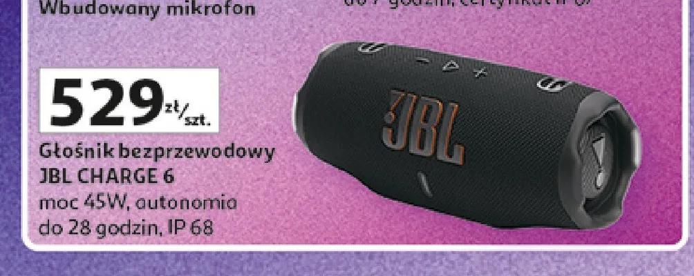 Głośnik bezprzewodowy JBL CHARGE 6 moc 45W, autonomia do 28 godzin, IP 68 promocja w Auchan