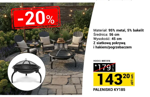 Palenisko KY185 95% metal 5% bakelit średnica 56cm wysokość 45cm z siatkową pokrywą i hakiem/pogrzebaczem promocja w Merkury Market