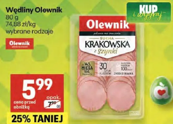 Wędliny Olewnik krakowska z szynki promocja w Delikatesy Centrum