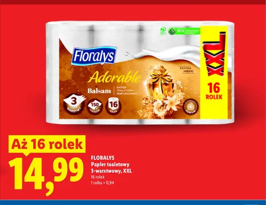Papier toaletowy Floralys Adorable Balsam 3-warstwowy XXL 16-pak promocja w Lidl