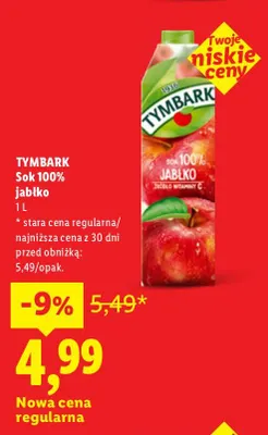 Sok jabłko Tymbark 100% promocja w Lidl