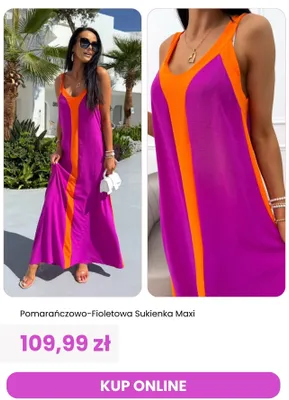 Sukienka maxi pomarańczowo-fioletowa ModnaKiecka.pl promocja w Modna Kiecka