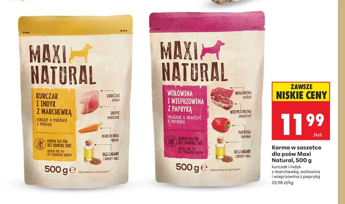 Karma w saszetce dla psów Maxi Natural kurczak i indyk z marchewką promocja w Biedronka
