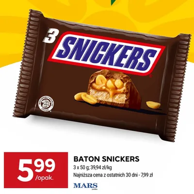 Baton Snickers 3-pak 50 g promocja w Stokrotka