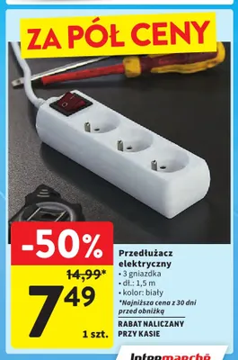 Przedłużacz elektryczny 3 gniazdka 1,5 m promocja w Intermarche