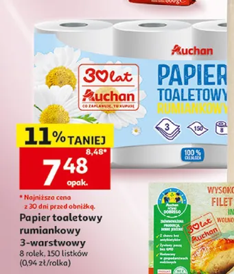 Papier toaletowy rumiankowy 3-warstwowy Auchan 8 rolek 150 listków promocja w Auchan