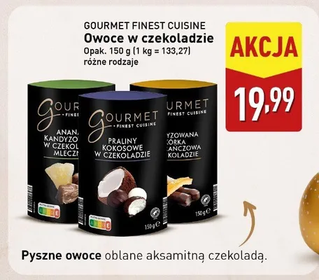 Owoce w czekoladzie - ananas karmelizowany w mlecznej, praliny kokosowe w czekoladzie, trowana wiśnia z koniakiem w koladzie promocja w Aldi