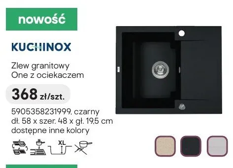 Zlew granitowy KUCHINOX One z ociekaczem czarny dł. 58 x szer. 48 x gł. 19,5cm promocja w Castorama