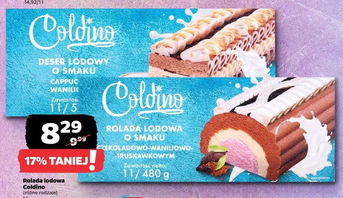 Rolada lodowa Coldino o smaku czekoladowo-waniliowo-truskawkowym promocja w Netto