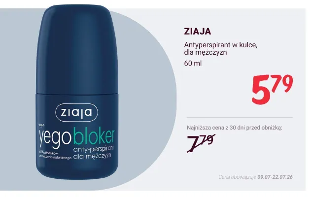 Antyperspirant w kulce dla mężczyzn Ziaja Yego Bloker promocja w Rossmann