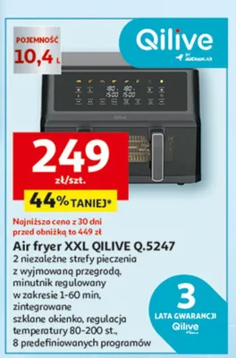 Air fryer XXL Q.5247 2 niezależne stefy pieczenia z wyjmowaną przegrodą, minutnik regulowany w zakresie 1-60 min, zintegrowane szklane okienko, regulacja temperatury 80-200 st., 8 predefiniowanych programów promocja w Auchan