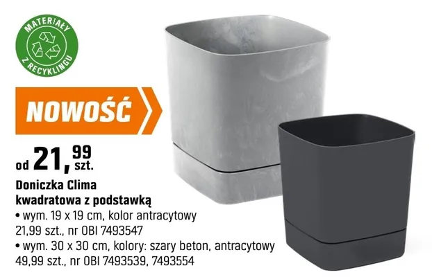 Doniczka Clima kwadratowa z podstawką wym. 30 x 30 cm kolory: szary beton, antracytowy promocja w OBI