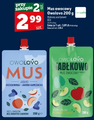 Mus owocowy Owolovo jabłko brzoskwinia jagoda kamczacka promocja w TOPAZ