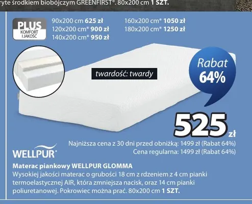 Materac piankowy Wellpur Glomma 140x200 cm promocja w Jysk