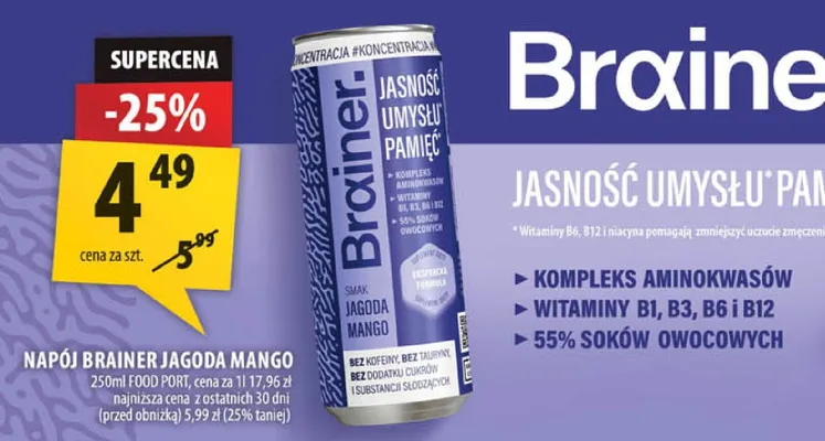 Napój energetyczny Brainer Jagoda Mango Food Port promocja w Arhelan
