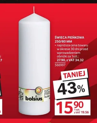 Świeca pieńkowa Bolsius 250/80 mm promocja w Selgros