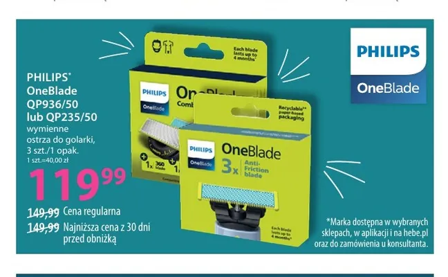 Wymienne ostrza do golarki OneBlade QP235/50 Philips promocja w Hebe