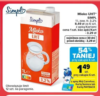 Mleko UHT 3,2% Simply promocja w Carrefour Market