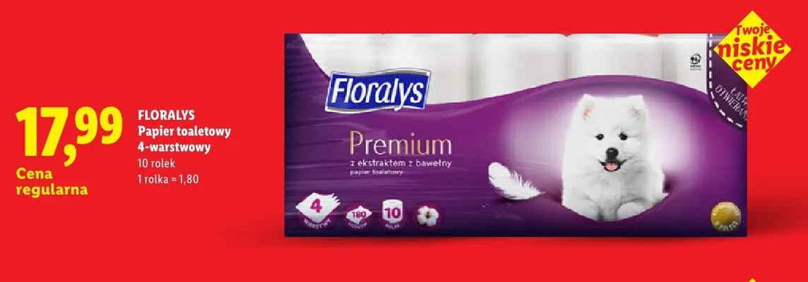 Papier toaletowy 4-warstwowy Floralys 10-pak promocja w Lidl