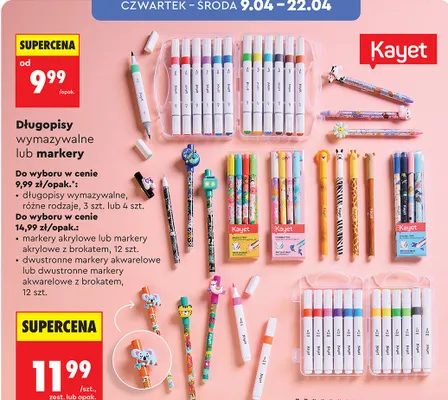 Długopisy wymazywalne lub markery Kayet promocja w Biedronka