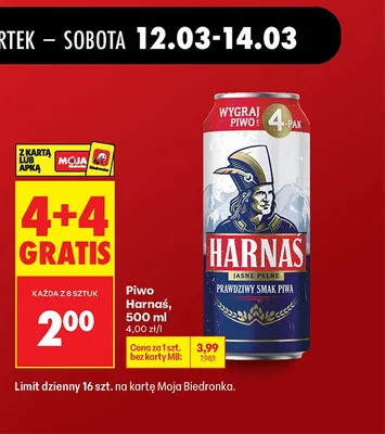 Piwo Harnaś jasne pełne 4+4 GRATIS promocja w Biedronka
