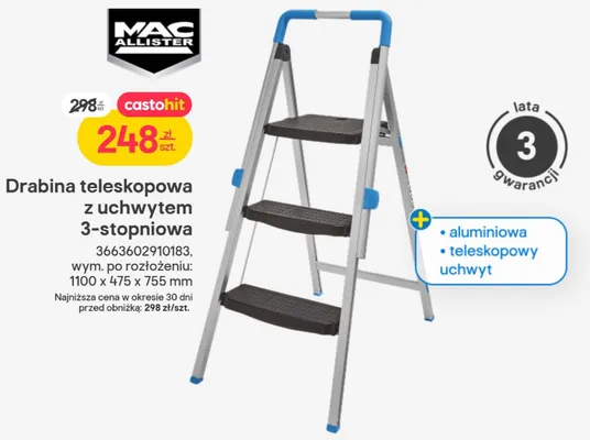 Drabina teleskopowa z uchwytem 3-stopniowa Mac Allister promocja w Castorama