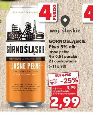 Piwo Górnośląskie jasne pełne 5% alk. promocja w Kaufland